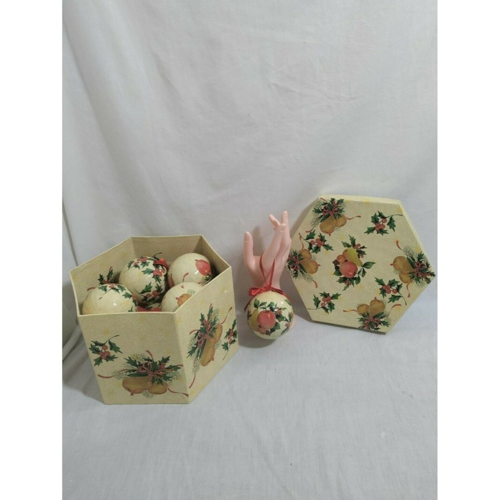 1980s Xmas Decoupage 12 Lacquered Round Ornaments Fruit & Holly Design Ornaments